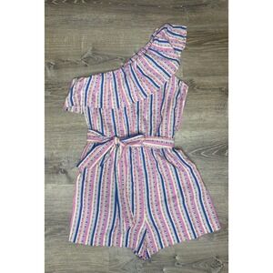 Loft Beach Women One Shoulder Striped Romper Ruffle Tie Belt Pink Blue Large NWT